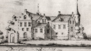 Tekening van het Huis te Palenstein in Zegwaart zoals dat er in 1569 zou hebben uitgezien (Stadsarchief Zoetermeer). Geromantiseerde afbeelding.